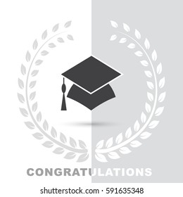 Simple grey wreath vector icon illustration on white background with graduation cap and congratulations word