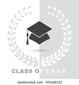 Simple grey wreath vector icon illustration on white background with graduation cap with words class of 2016