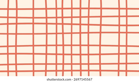 Um padrão de grade simples com linhas vermelhas em um plano de fundo creme. As linhas criam um padrão quadrado, perfeito para fundos e designs.