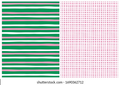 Simple Grid and Stripes Vector Patterns.Irregular Hand Drawn Striped Print for Fabric, Textile, Wrapping Paper. White and Pink Freehand Lines Isolated on a Green Background. White Grid on a Pink.