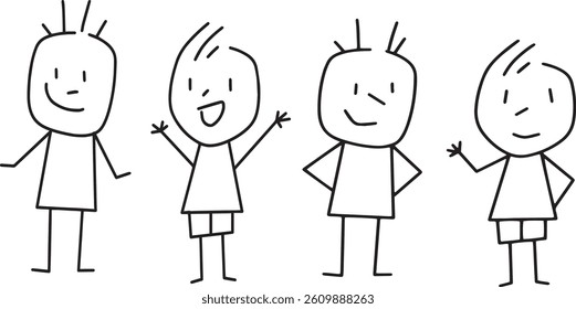 Simple a group of stick figures banner, happy colorful kids jumping, hands in the air and hip, isolated vector format on white background