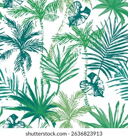 Simple grunge palms, hand drawn tropical leaves seamless pattern. Green tropical background. Summer vector illustration for fabric design, swimwear, wallpaper, nature print with palm trees, leaves