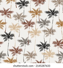 Simple grunge palms seamless pattern. Nature print with palm trees silhouettes. Modern tropical template for paper, surface design, fabric, gift wrapping, swimwear, wallpaper. Botanical vector art