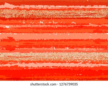 Simple grunge texture brush stroke stripes with gold glitter sparkles vector seamless pattern background. Sparkles golden glitter glossy confetti over ink lines pattern. Red textile print.