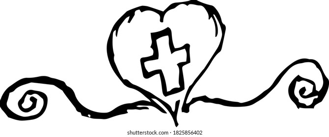 Simple grunge vector clipart of a heart with a cross inside. Freehand black and white outline drawing. The concept of faith, kindness, medicine, etc.