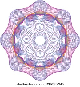 Simple guilloche doily rosette with with wireframe lines and color palette of purple, orange and red violet.