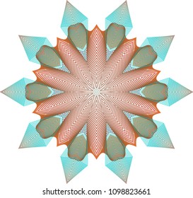 Simple guilloche star rosette in contrasting colors of rustry red and patina teal gradients and lattice woven mesh lines.