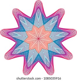 Simple guilloche star rosette with layers of red to blue gradient mesh waves and central red layer.