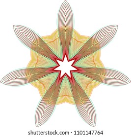 Simple guilloche star rosette in red and green with open cut star set on a medallion of burnt orange and lime green waves.