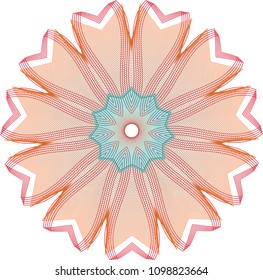 Simple guilloche star rosette with single layer of deep orange and centrally positioned celadon green star.