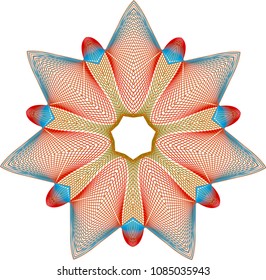 Simple guilloche star rosette with thumbnail spokes amid a palette of red to light blue gradients and mustard yellow.
