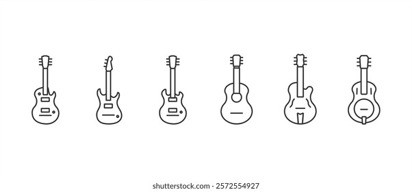 Simple Guitar, bass guitar icon set. Acoustic and electric musical instrument symbol. Line icon of guitar, bass guitar acoustic and electric vector illustration in transparent background. Editable