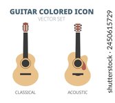 Simple guitar icon set. Classical guitar and acoustic guitar colored icons flat vector illustration isolated on white background. Vector design icon for studio web, app, branding
