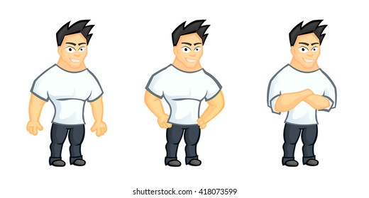 Simple guy in white t-shirt. Attractive athletic man, in a white shirt and gray pants. Universal mascot for the product or the company.