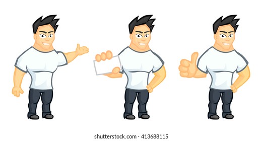 Simple guy in white t-shirt. Cute, attractive, stylish mascot for your business, corporation, presentation.