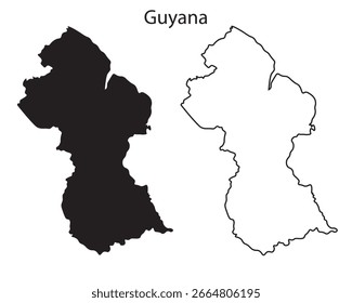 Einfache Guyana Karte Silhouette Vektor. Saubere schwarze Umrisse des südamerikanischen Landes, perfekt für Reisegrafiken, Infografiken und Designprojekte