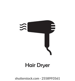 Simple hair dryer icon vector isolated on white background in silhouette style. Bathroom accessories. Icons for web design, tag, label.