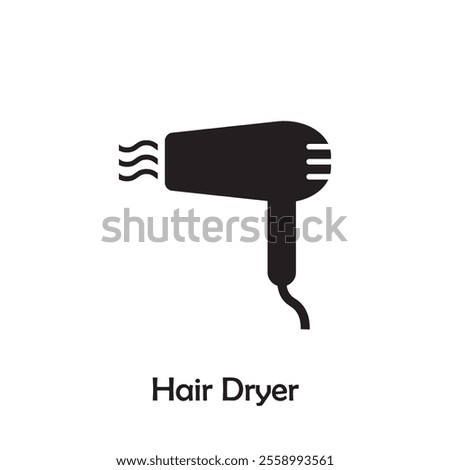 Simple hair dryer icon vector isolated on white background in silhouette style. Bathroom accessories. Icons for web design, tag, label.