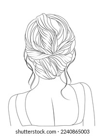 Simple hairstyle, line art. Low beam. Hairstyle lines, beautiful curls, curly hair braided.
