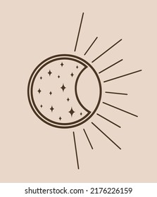 Simple half moon with sun. Magic, boho style vector art.