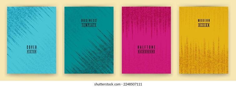 Simple halftone dot texture placard background vector set. Brochure cover page creative templates. Hipster pattern poster backgrounds collection. Folder catalog business backdrop set.