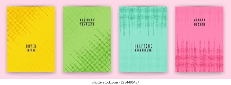 Simple halftone dot texture placard background vector set. Brochure cover page creative templates. Geometric pattern flyer backgrounds collection. Typography design graphic templates.