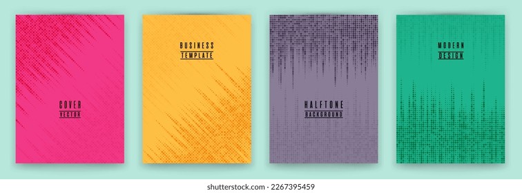 Simple halftone dot texture placard background vector set. Brochure cover page creative templates. Geometric pattern banner backgrounds collection. Abstract cover layouts. Halftone points texture.