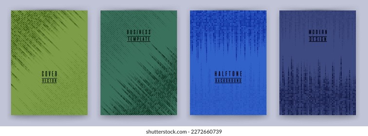 Conjunto simple de vectores de fondo de rótulo de textura de punto medio-tono. Plantillas de colores de portada de folletos. Colección de fondo de afiches de patrones de hipster. Conjunto de fondo de geometría plana de presentación Web.