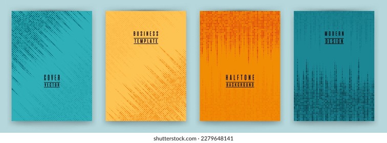Simple halftone dot texture placard background vector set. Brochure cover page digital templates. Geometric pattern banner backgrounds collection. Business cover layouts. Halftone dots lines.