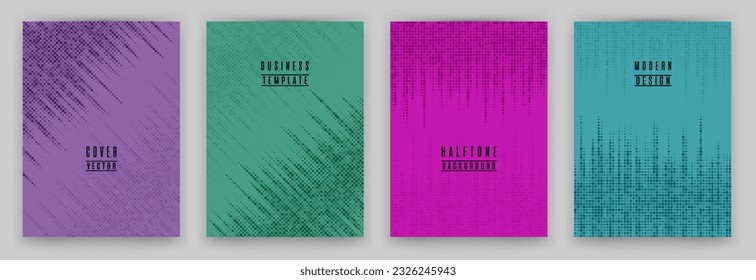 Simple halftone dot texture placard background vector set. Brochure cover page creative templates. Geometric pattern flyer backgrounds collection. Folder catalog business backdrop set.