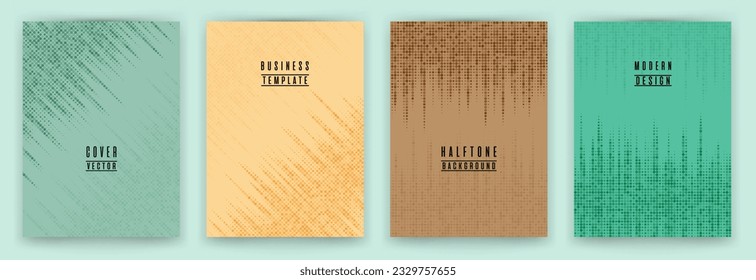Conjunto simple de vectores de fondo de rótulo de textura de punto medio-tono. Plantillas digitales de portada de folleto. Colección de fondo de volante de patrones geométricos. Disposiciones abstractas de la cubierta. El semitono apunta a la textura.