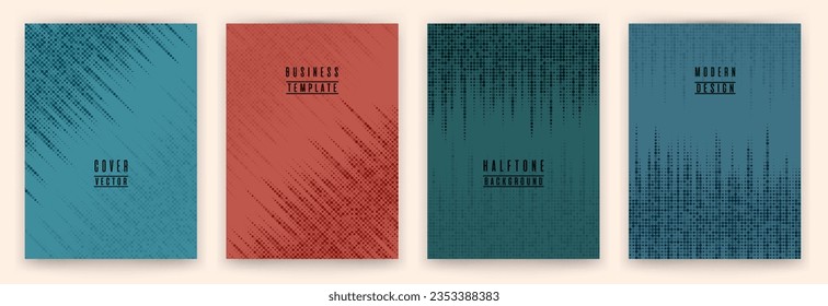 Conjunto simple de vectores de fondo de rótulo de textura de punto medio-tono. Plantillas creativas de portada de folleto. Diseño de fondo de banner de patrón geométrico. Impresión de puntos de semitono de portada de cuaderno escolar.