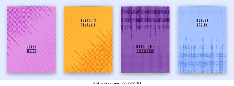 Simple halftone dot texture placard background vector set. Brochure cover page dotted templates. Geometric pattern poster backgrounds collection. Annual report cover page halftone dots layout. 