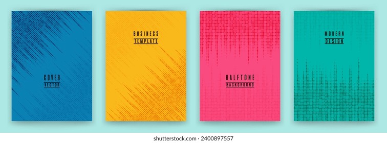 Simple halftone dot texture placard background vector set. Brochure cover page digital templates. Minimal pattern poster backgrounds collection. Web presentation flat geometry backdrop set.