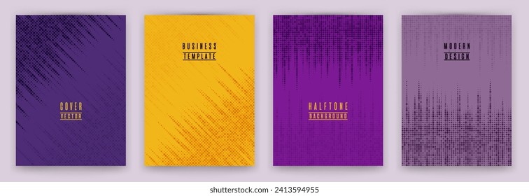 Simple halftone dot texture placard background vector set. Brochure cover page dotted templates. Geometric pattern poster backgrounds collection. Business cover layouts. Halftone dots lines.