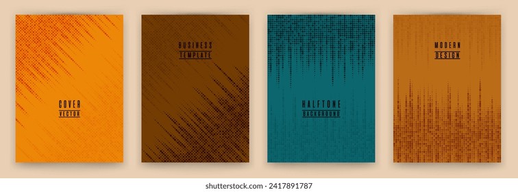 Simple halftone dot texture placard background vector set. Brochure cover page dotted templates. Hipster pattern poster backgrounds collection. Business cover layouts. Halftone points texture.