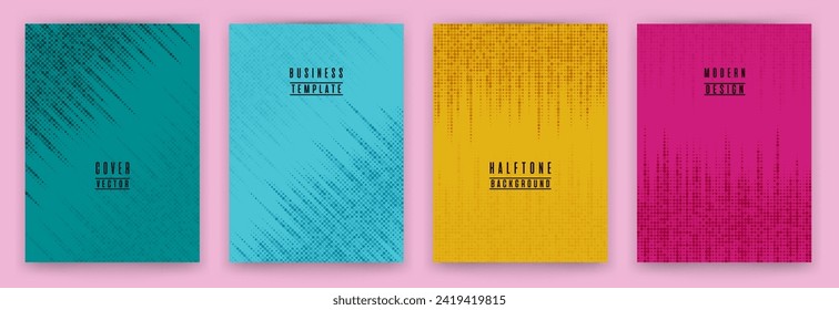 Simple halftone dot texture placard background vector set. Brochure cover page creative templates. Geometric pattern banner backgrounds collection. Business cover layouts. Halftone points texture.
