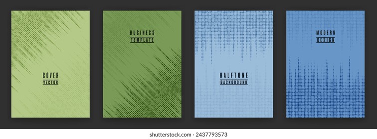 Simple halftone dot texture placard background vector set. Brochure cover page dotted templates. Geometric pattern banner backgrounds design. Business cover layouts. Halftone points texture.