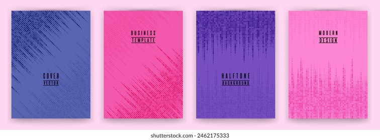 Simple halftone dot texture placard background vector set. Brochure cover page digital templates. Minimal pattern poster backgrounds collection. Annual report cover page halftone dots layout. 