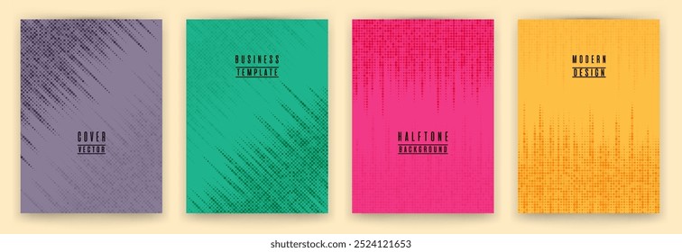 Conjunto de Vector de fondo de letrero de textura de punto medio tono simple. Plantillas creativas de la portada del folleto. Colección de fondos de volante de patrón geométrico. Diseños de portada de moda. Textura de puntos semitono.