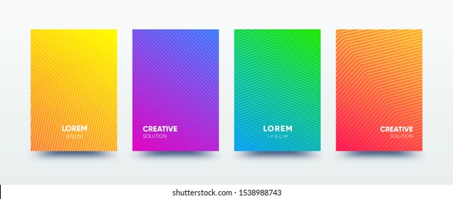 Simple halftone lines design covers set. Minimal gradient a4 cards pattern, colorful futuristic texture for brochure, annual report, banner, flyer, placard etc. Vector EPS10 illustration.