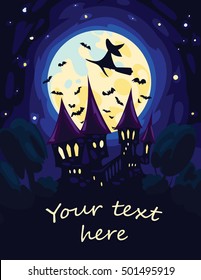 Simple Halloween Art. Vector illustration of Halloween starry night with full Moon and silhouettes of flying Witch, bats and old castle in flat style for your design, print, poster and greeting card.