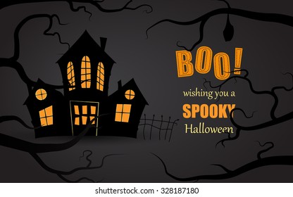 Simple Halloween card with a spooky house and a text behind branches in flat design in vector