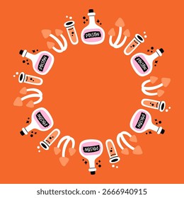 Marco de círculo de Halloween simple. Borde lindo del marco de Halloween sobre fondo naranja. El diseño de Vector redondo con colores suaves, perfecto para decoraciones espeluznantes de otoño, Anuncios, pegatinas, anuncios, venta.