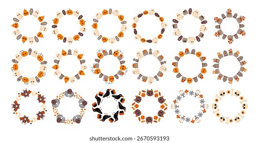 Conjunto de quadros de círculo de Halloween simples. Bela coleção de borda de quadro de Halloween em fundo branco. O projeto vetor redondo, perfeito para decorações de outono assustadoras, banners, adesivos, anúncios, venda.