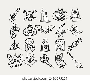 Simple Halloween Doodle Icons. Fun and spooky hand-drawn illustrations featuring pumpkins, ghosts, bats, and more. Ideal for Halloween-themed projects and decorations.