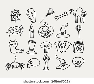 Einfache Halloween Doodle Icons. Handgezeichneter Stil mit gruseligen Elementen wie Kürbisse, Fledermäuse und Hexen. Perfekt für Halloween-Themen-Designs und Dekorationen.