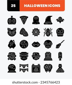 Sencillo conjunto de iconos de evento de Halloween con estilo sólido. Calabaza asusta, Gato negro, Sombrero de bruja, Zombie no muerta, bola de cristal.