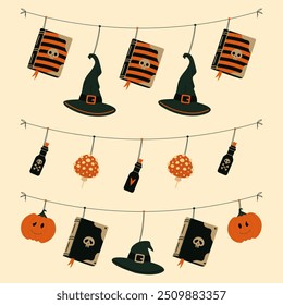 Simple Halloween garlands consist of a spell book, a witch's hat, potion, fly agaric mushrooms, and a pumpkin, all hanging on a thin string