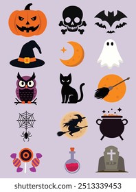 ícones de halloween simples, bruxa, abóbora, morcego, ícones minimalistas, ícones vetoriais